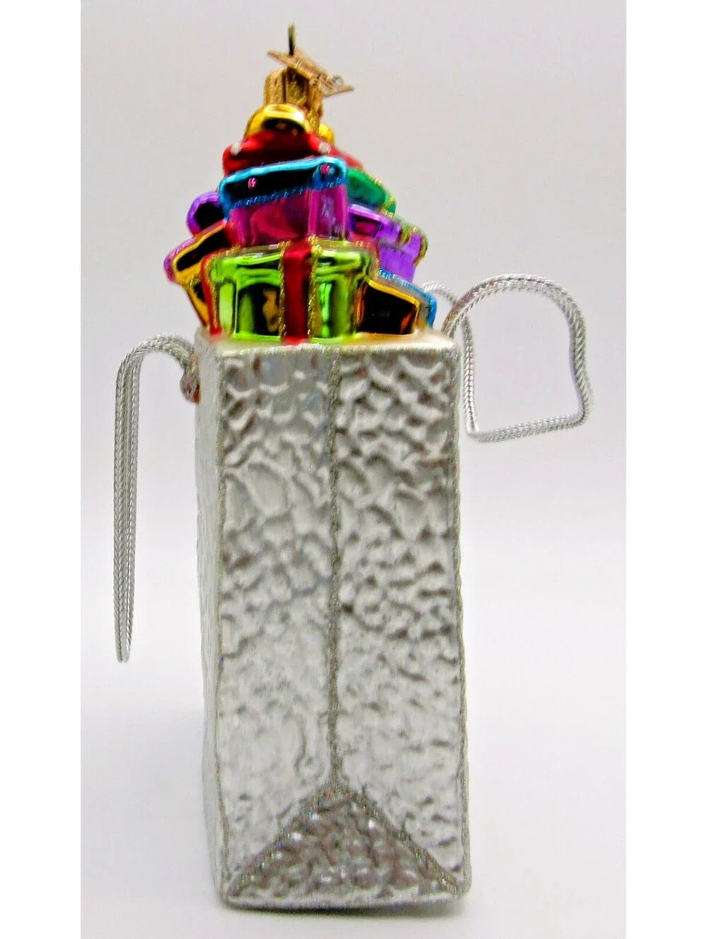 Neiman Marcus 2012 Mercury Glass Shopping Bag Ornament with Green Glass Stand